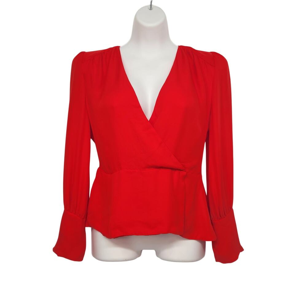 Lewit Red Surplice 100% Silk V-Neck Faux Wrap Long Sleeve Blouse Women's XS